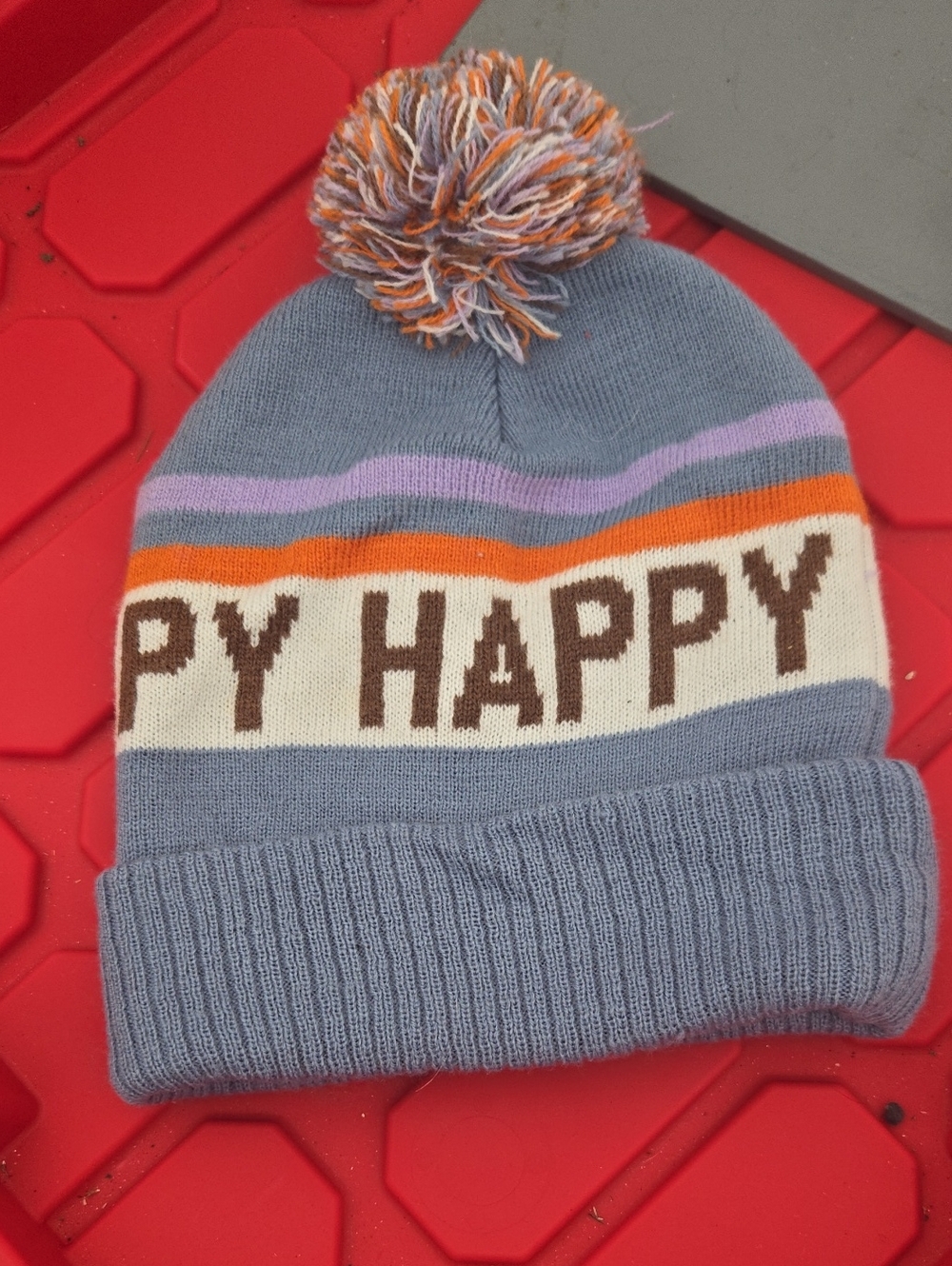 Source Unknown Light Blue Pom Beanie with Orange, Cream & Brown Accents